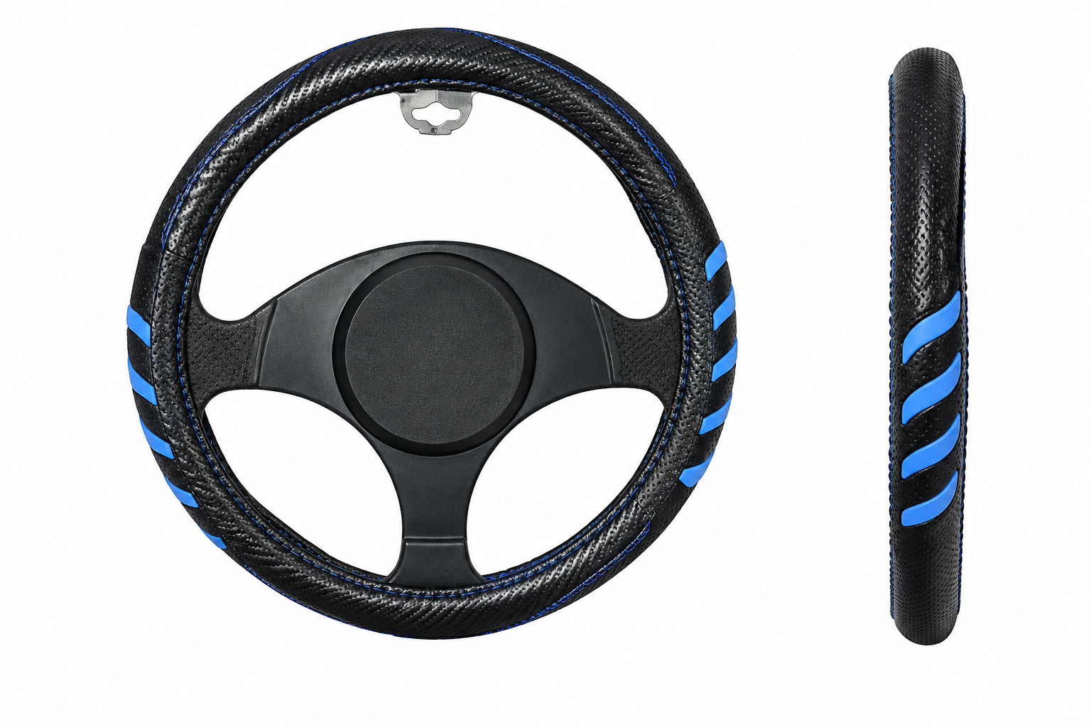 FUNDA DE VOLANTE 38CM VINIPIEL NEGRO/AZUL FILO AZUL