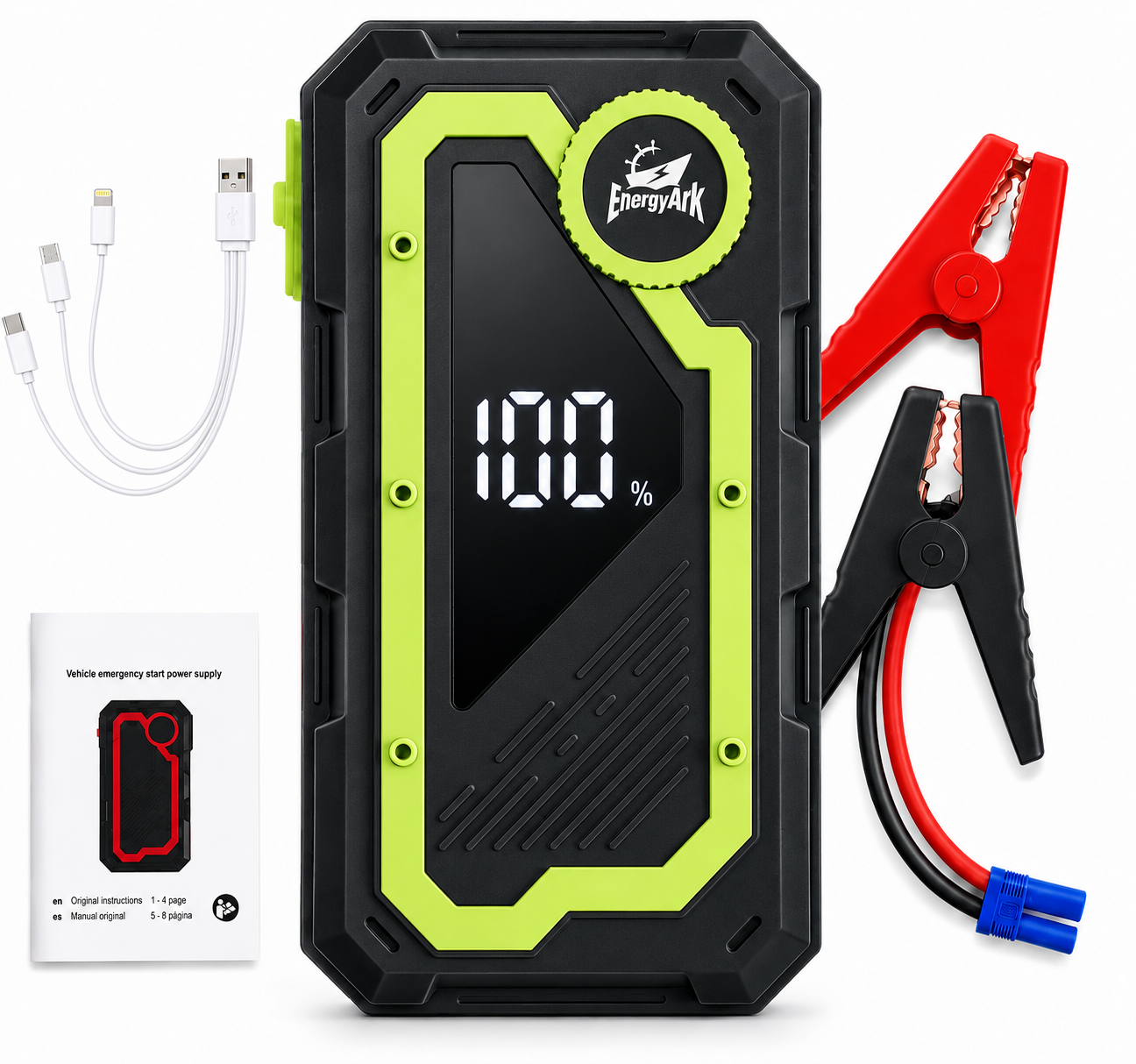 ARRANCADOR DE BATERIA PORTATIL Y CARGADOR DE CELULAR  12V VERDE