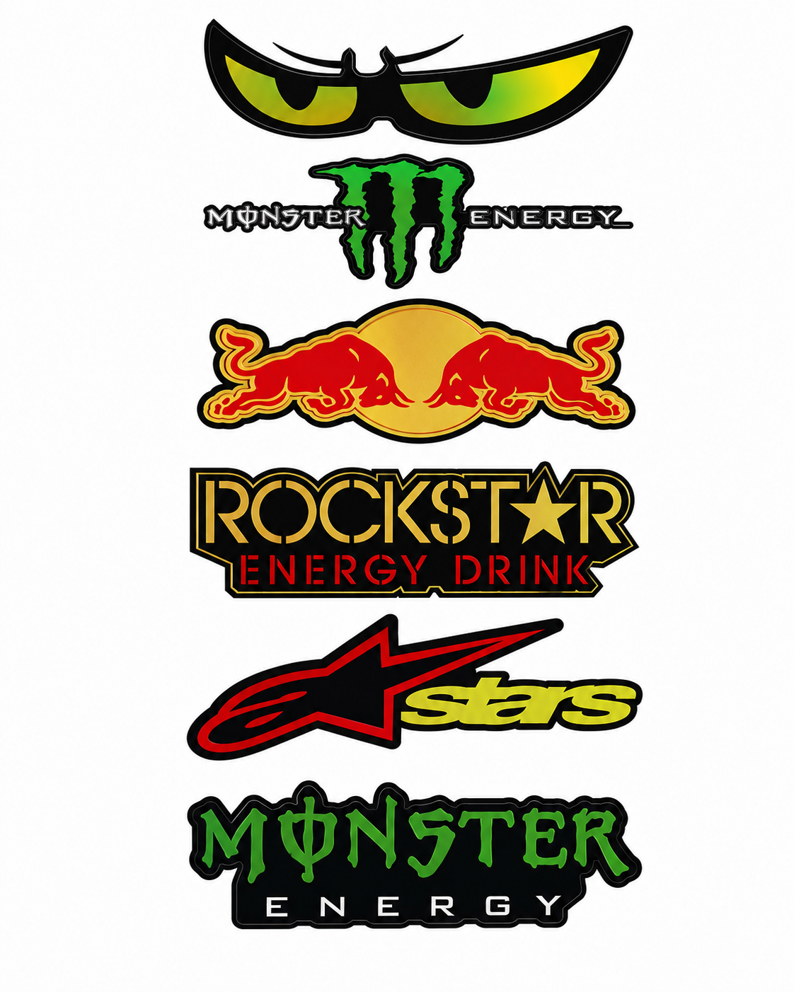 CALCOMANIA LATERAL VARIAS MARCAS MONSTER,ROCKSTAR (PLANILLA 6 PZS)